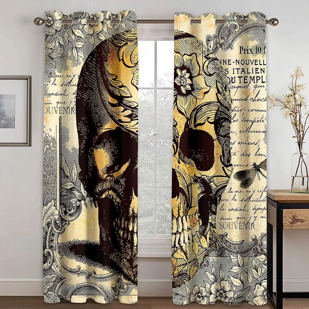 

2Pcs Vintage Skull Print Curtains Gothic Style Living Room Bedroom Art Decor Sun Shade Window Drapes