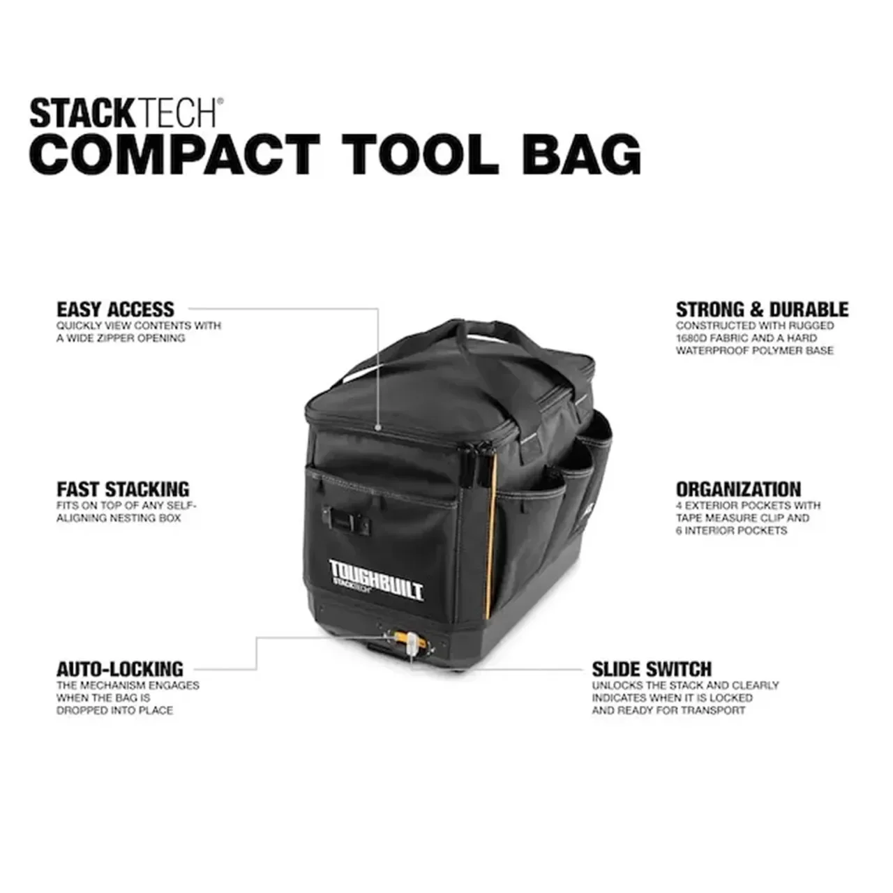 TOUGHBUILT TB-B1-S-60C STACKTECH Zippered Tool Bag Waterproof Hard Bottom Portable Organizer Power Tool Accessories