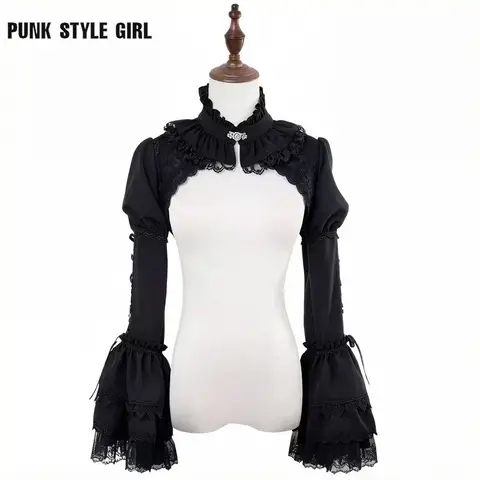 Black Costume Shrug Gothic Black Lolita Short Shawl Womens Slim Lace-Up Ruffle Cloak Jacket Lady Vintage Kawaii Sweet Blouse