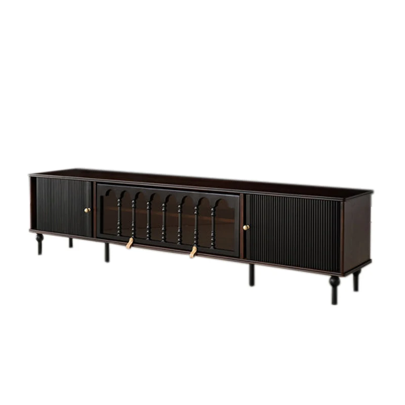 French retro solid wood TV cabinet & small apartment living room storage integrated black American light luxury medium