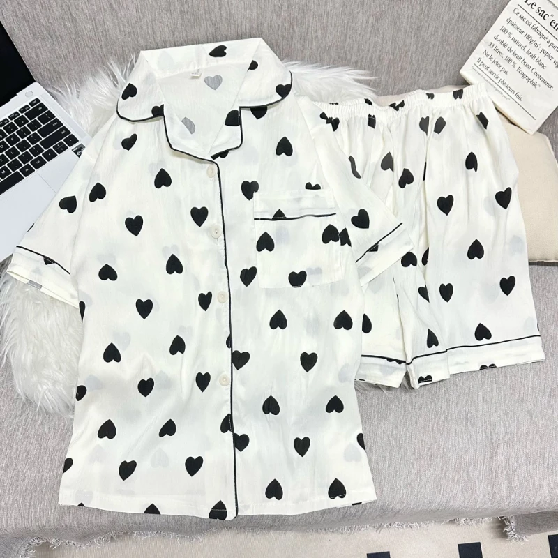 

ladies satin fabric Sleepwear Women's Summer Love print Short Sleeved Set Simple student pajamas Home Clothes outdoor