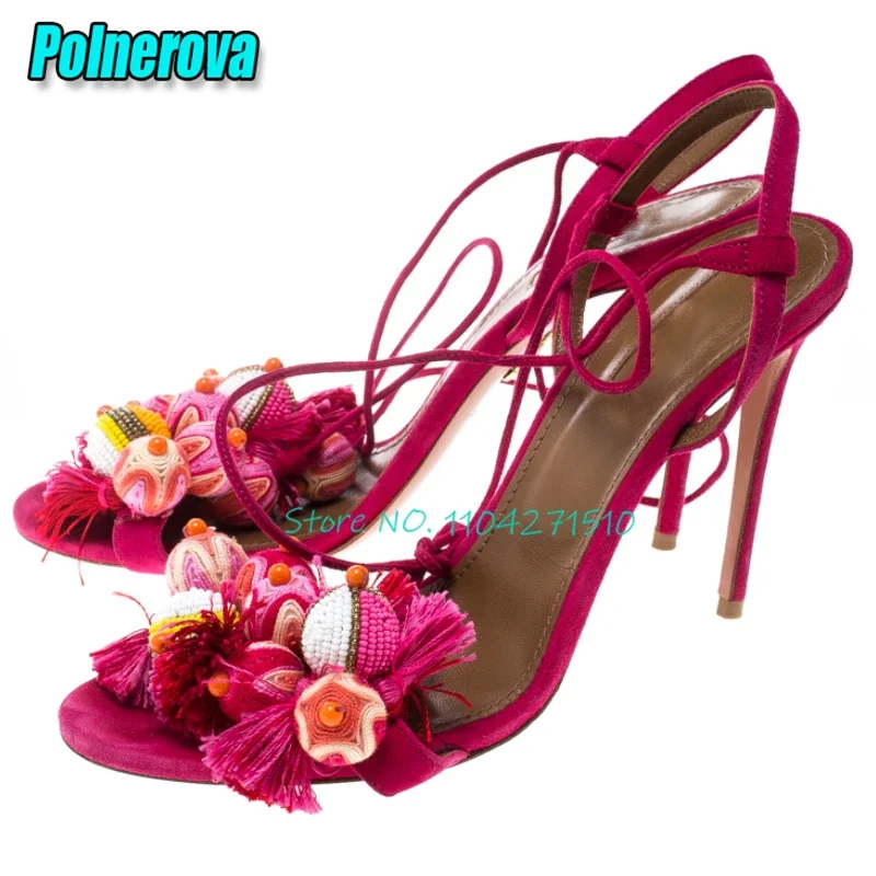 Sexy Suede Red Ball Tassel Sandals Sweet Bobbles Open Toe Ankle Strap Stiletto High Heels Summer Wedding Party Women Dress Shoes