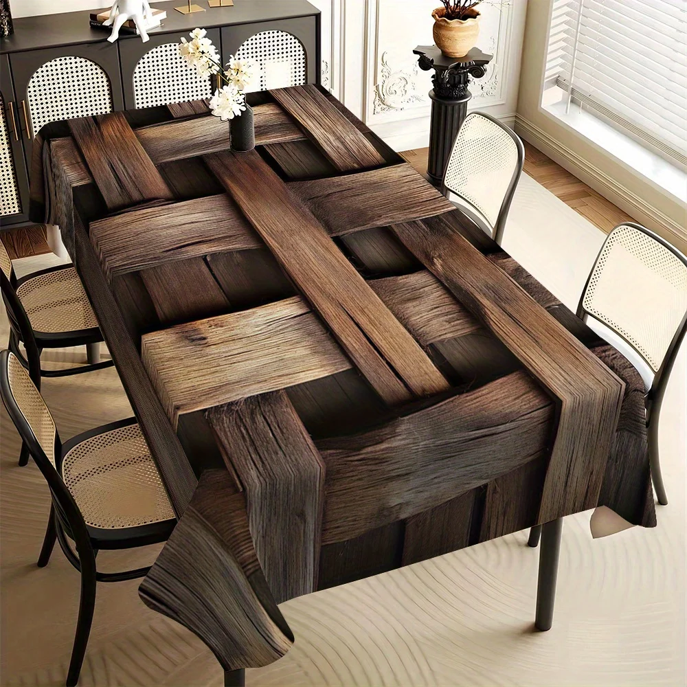 One rectangular tablecloth - made of durable polyester fiber, featuring a rustic style wooden board design.