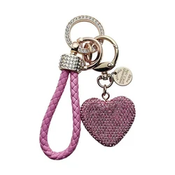 New Car Key Chain Studded with Rhinestones, Studded Leather Rope and Hearts, Fashionable Ladies Key Chain Bag Pendant Gift.