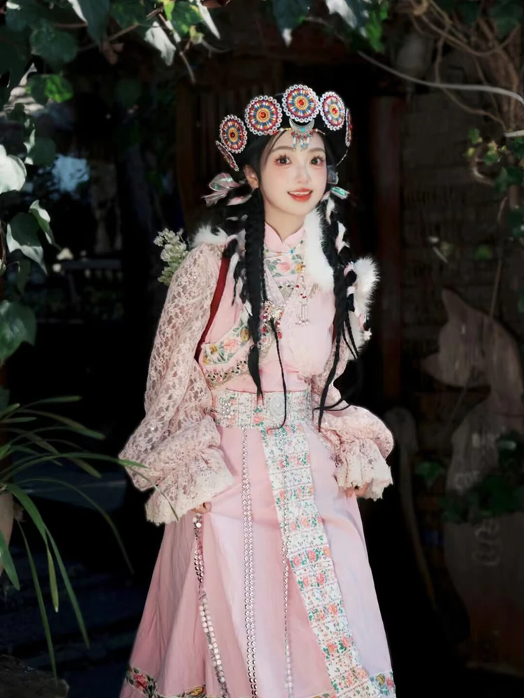

Yunnan Internet Famous Tibetan Robe Pink Female Ethnic Style Naxi Travel Photography Portrait Clothing Traditional Tibetan Fa...