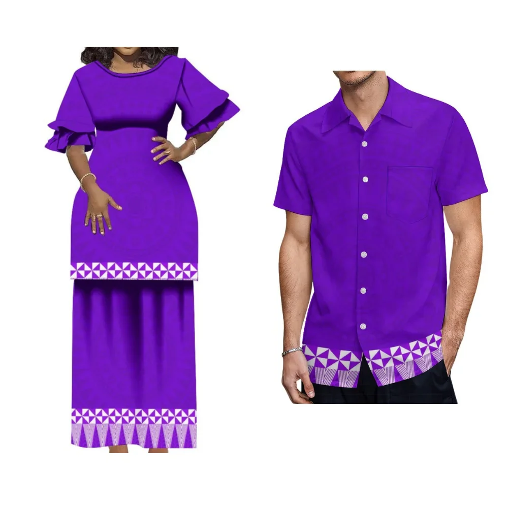 

High Quality Couple Round Neck Tongan Tribe Fashion Custom Puletasi Long Skirt With Men's Shirt Polynesian Tribe Couple Dress