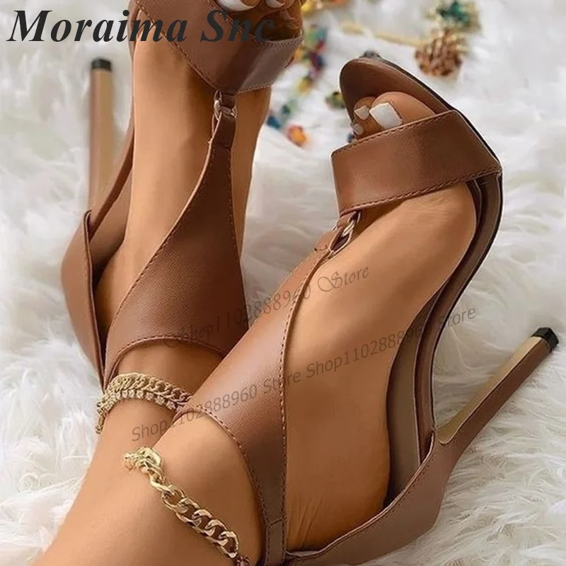 

Brown Leather Graceful Style Sandals Cover Heel Thin High Heel Women Shoes Ankle Buckle Strap Open Toe 2023 Zapatos Para Mujere