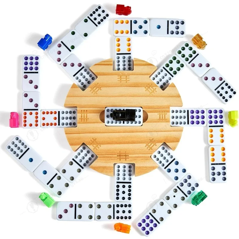Mexican Train Double 12 Dominoes Set with 4 Wooden Trays/Racks in Portable Carrying Case Colorful 91 Tiles & 9 Trains Board Game
