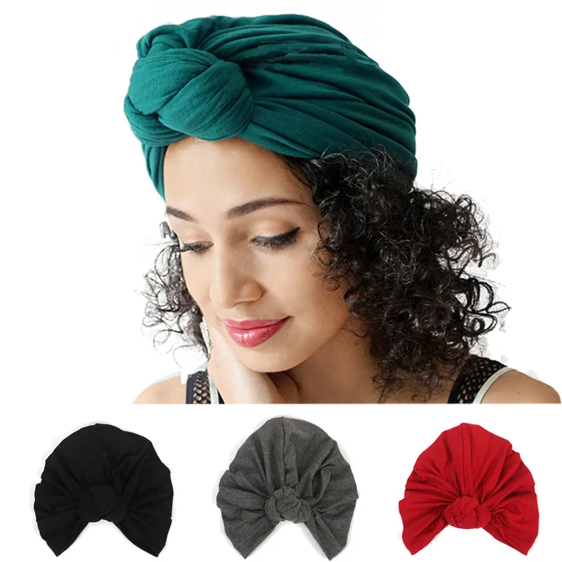 

Women Turban Cotton Top Knot Elastic Chemo Cap Headwrap Muslim Headbands Hair Cover Beanie Head Wear Hair Scarf Hat Accessories