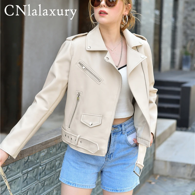 2024 Spring Autumn Women Blue Faux Leather Jacket Ladies With Belt Zipper Biker Coat Female Casual  motorcycle Jackets Outwear