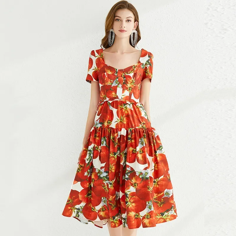 

2023 Tomato Flower Red Beach New In Dress Women's Square Collar Short Sleeve Floral Print Backless Lace Up Bow Vestidos