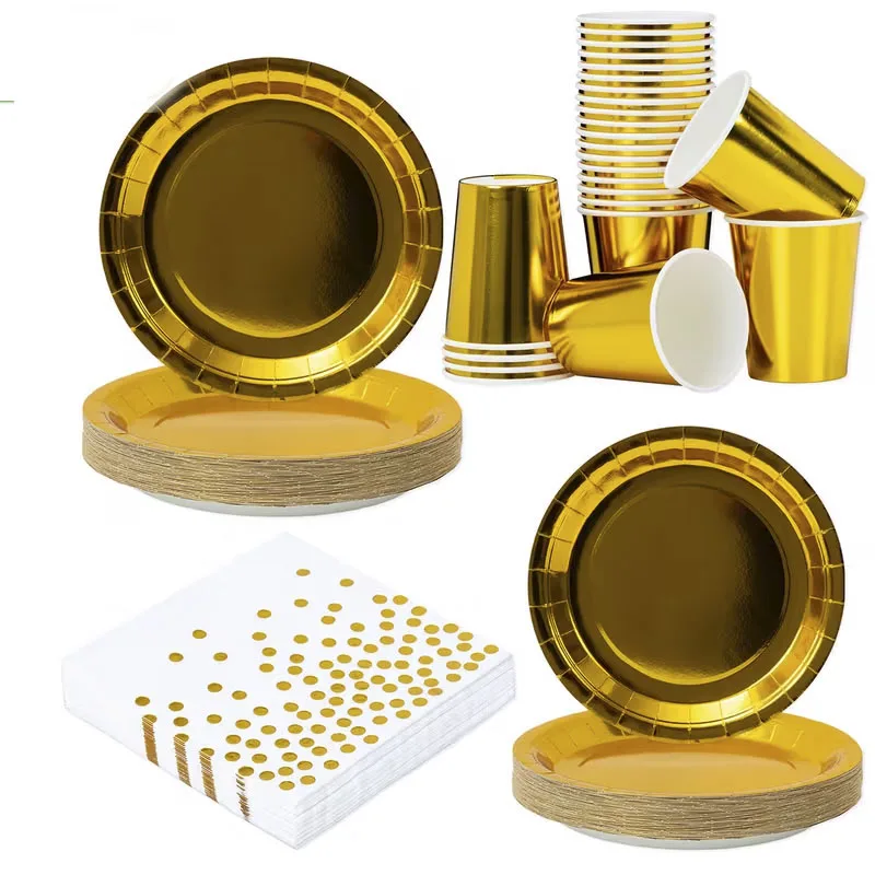 60-teiliges goldenes Einweg-Geschirrset, elegante Pappteller, Becher, Folien-Servietten für Hochzeiten, Geburtstagsfeiern, Dekorationen und Zubehör.
