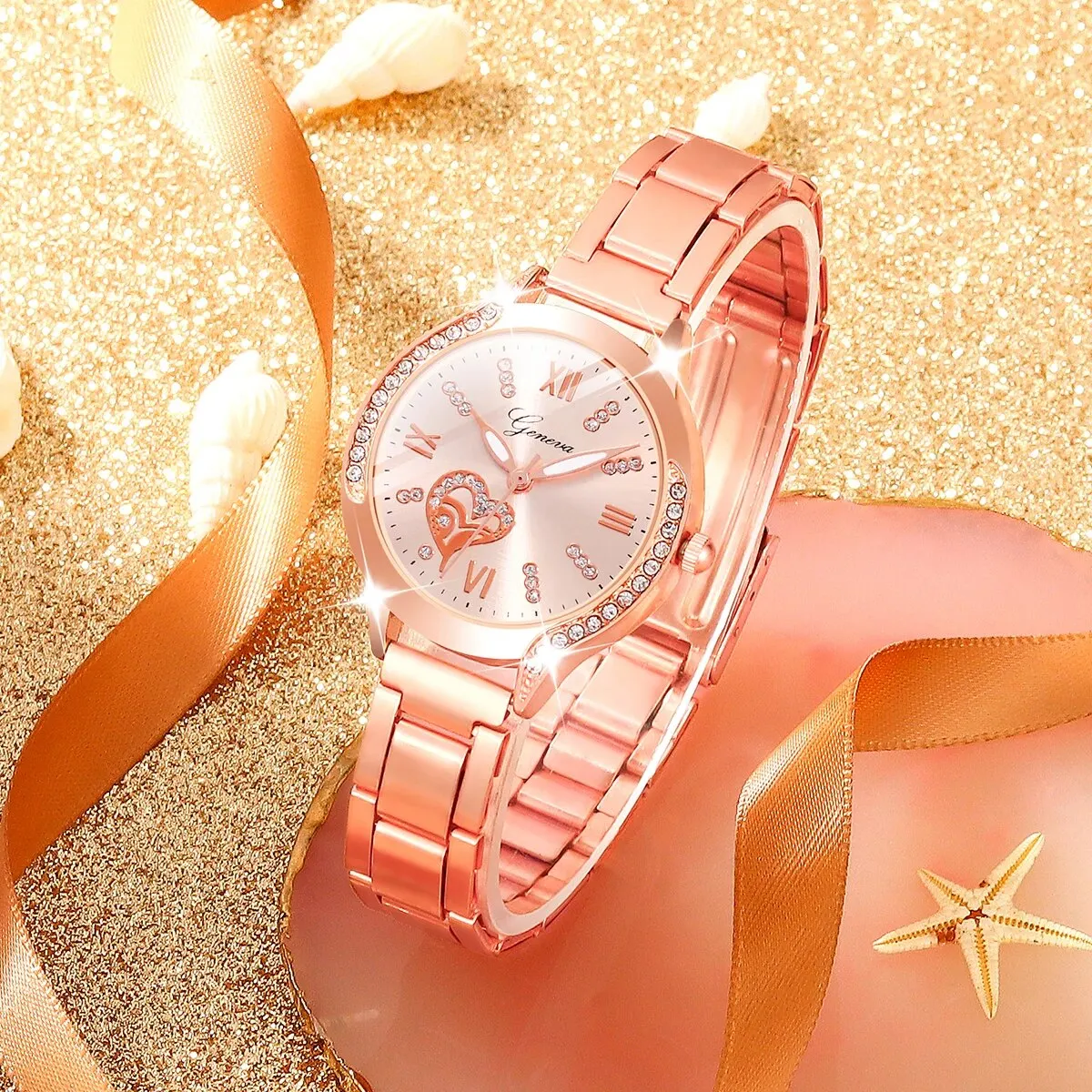 6Pcs Ladies Fashion Simple Designer Star Roman Rhinestone Steel Band Quartz Watch Luxury Pearl Rhinestone Love Jewelry Set