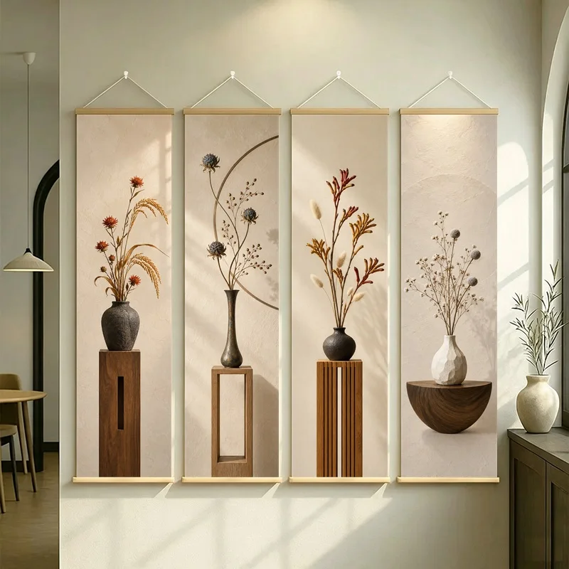 Wall Art Kangaroo Paw and Bunny Tail Grass, Calm Wabi-Sabi Silver Shimmer Canvas Hanging Scroll for Peaceful Yoga Studio