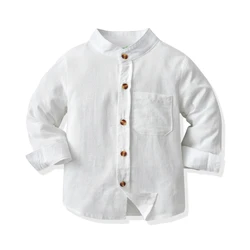 Boys Cotton White Long-Sleeved Shirt Spring New Children's Baby Formal Mandarin Collar Buttons Cardigan Shirts With A Pocket