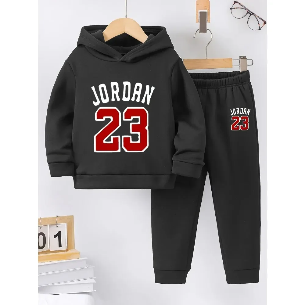 Children's Clothing Set for Autumn and Winter Soft Comfortable Casual Simple Printed Hoodie+children's Basketball Sports Pants