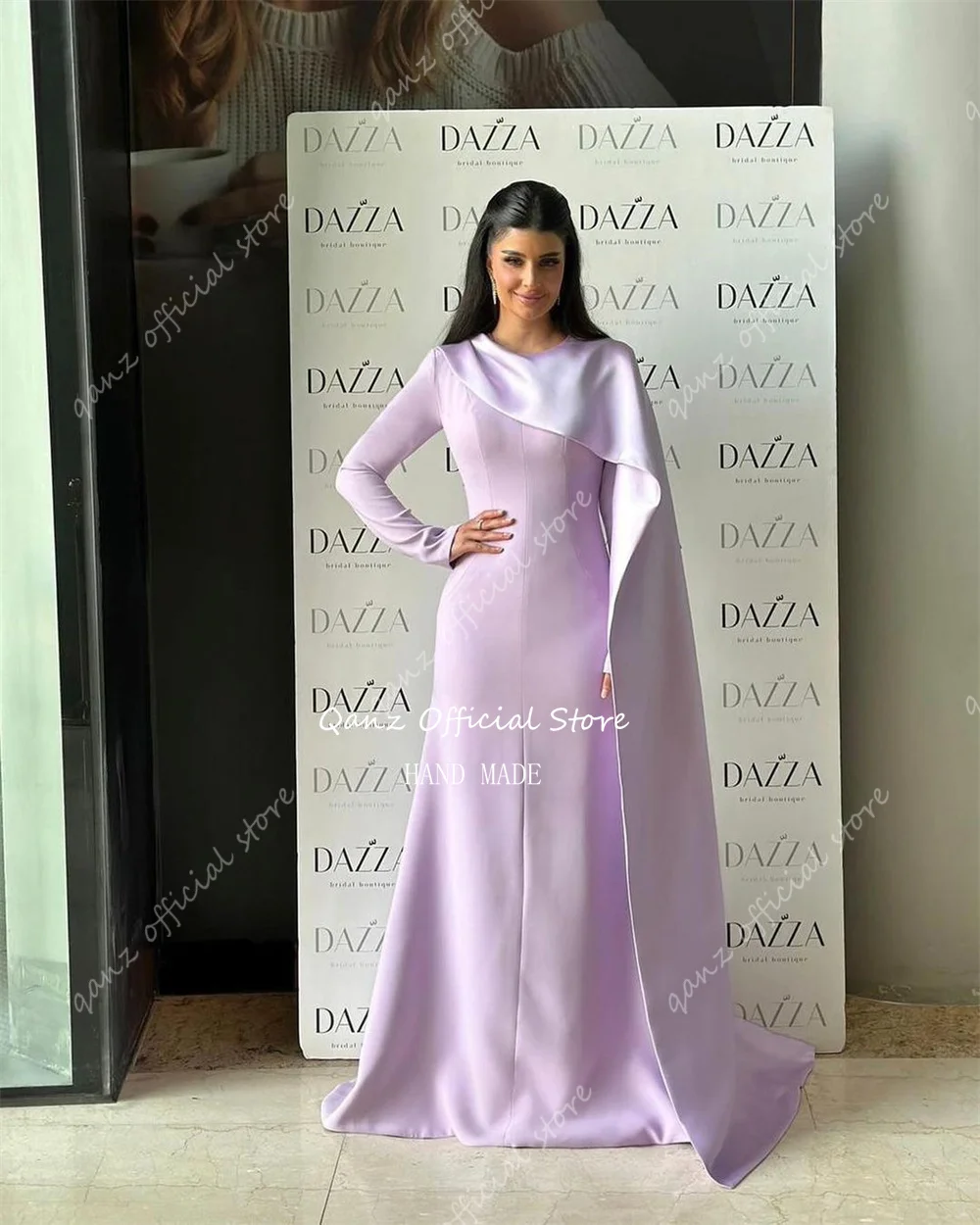 Qanz Lilac Elegant Evening Dress Long Sleeves With Cape Satin Saudi Arabia Formal Ocassion Dresses Customized Vestidos De Festa