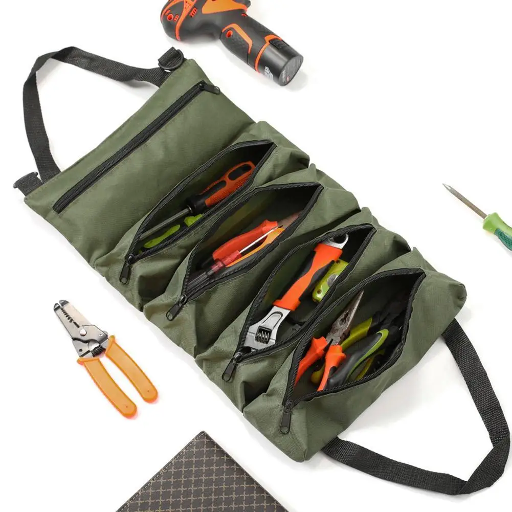 5 - Pocket Roll Up Tool Organizer Bag With Zippered Pockets Portable Storage For Tools Hardware Mechanic Electrician Repair Kit