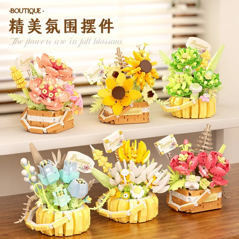 Flower Micro Building Blocks Sunflower Succulent Plants Assembled Model MOC Flower Basket Mini Bricks Toy For Birthday Gift