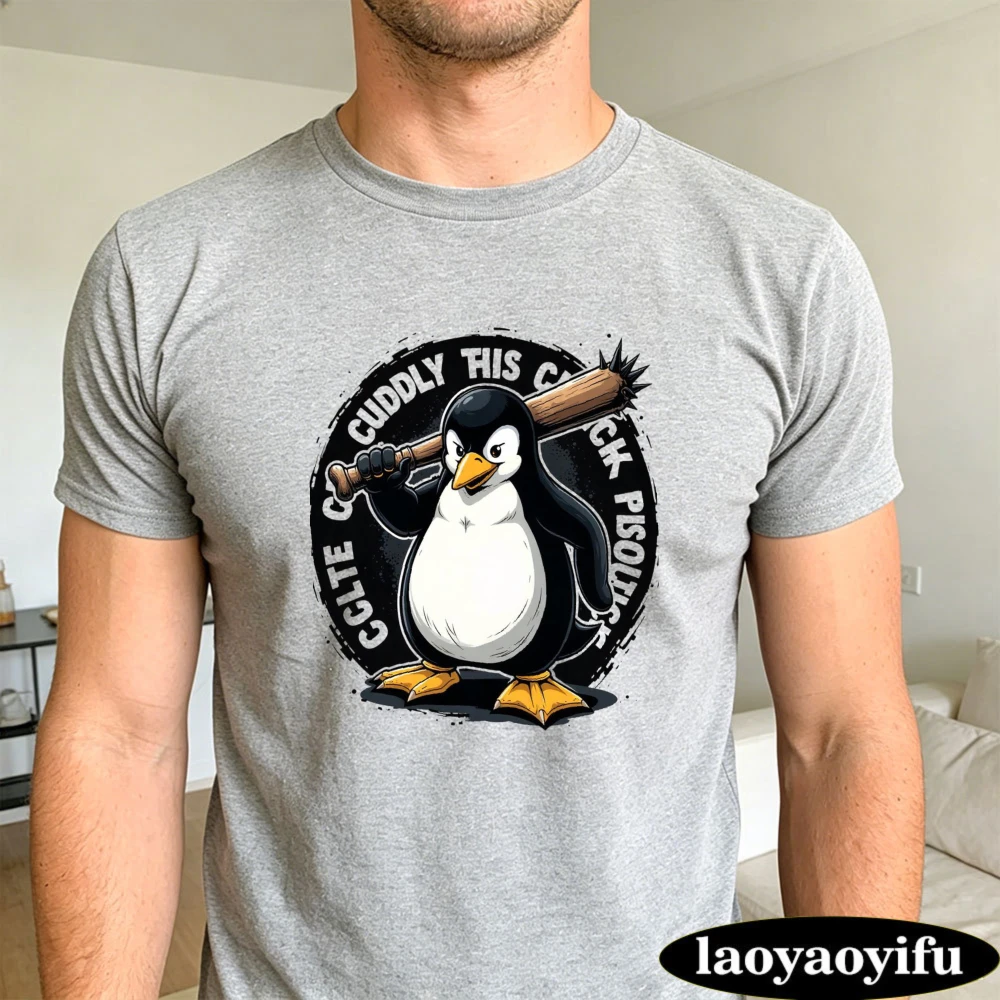 Cute Cuddly Penguin With Baseball Bat T Shirt Men Funny Aggressive Animal Meme Tee Short Sleeve Casual Top for Sports Fans