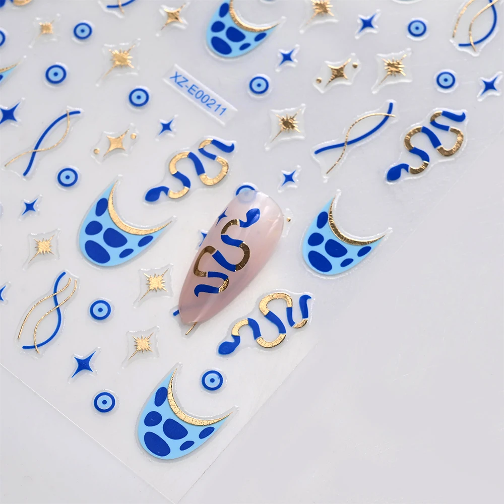 12 スタイル 3D ブロンズゴールド邪眼ネイルステッカーブルースター/ヘビ/フレンチ抽象ラインネイルステッカーボヘミア箔マニキュアスライダー