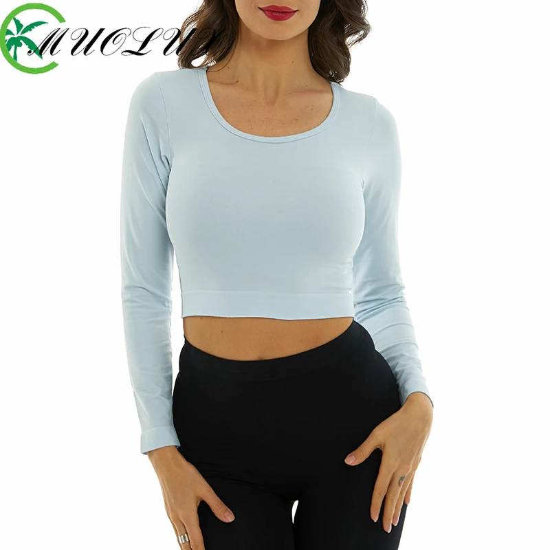 

MUOLUX 2024 Women's Yoga Sports Solid Color Underwear Wireless Gather Push-up Knitted Seamless Long Sleeved Backless Female Top