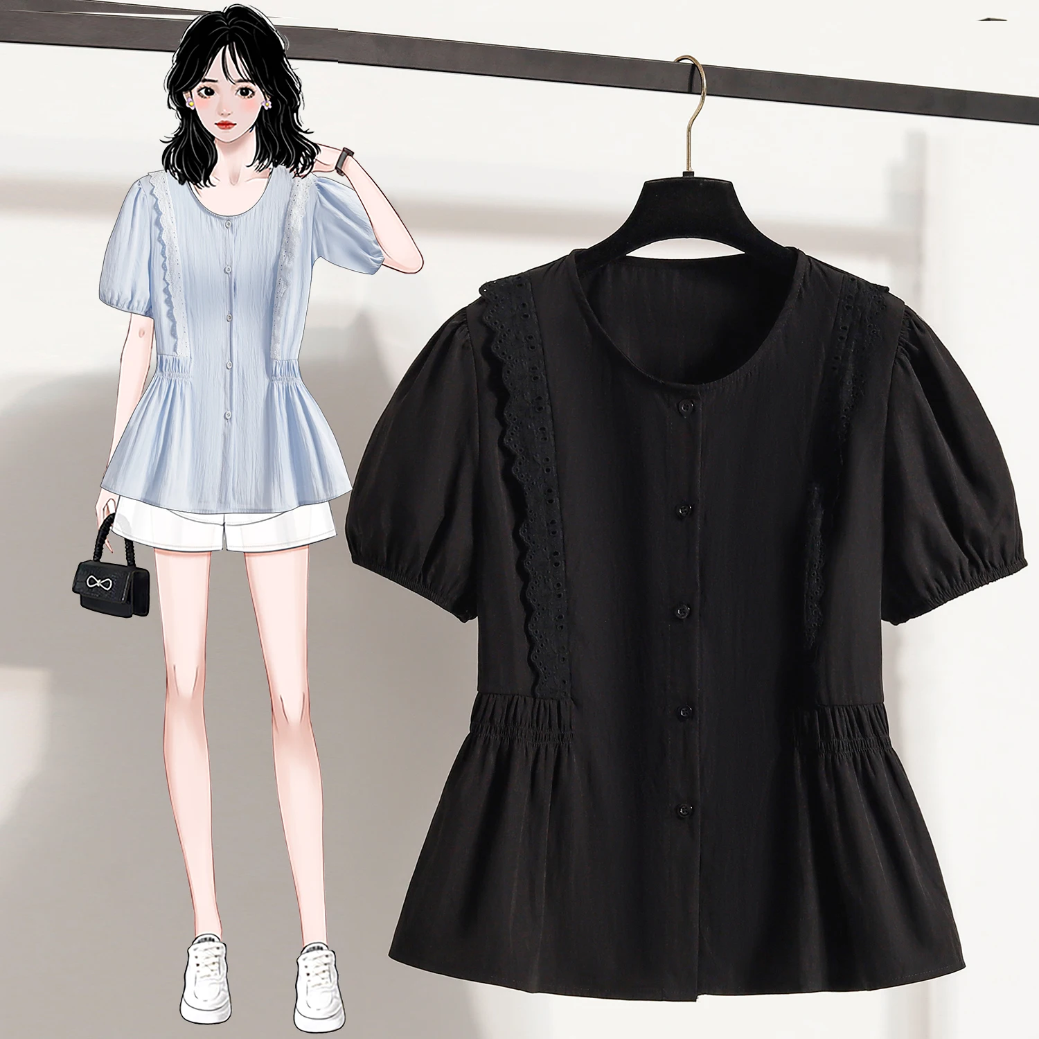 Blus dan Kemeja Renda Ukuran Besar Blus Musim Panas Wanita Wanita 2025 Keluaran Baru Blus Wanita Kasual Kerah Leher O Lengan Pendek