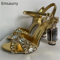 Quality Rhinestone Diamond Decor Sandals Women Jeweled Crystal High Heel Ankle Strap Banquet Shoes Summer Girls