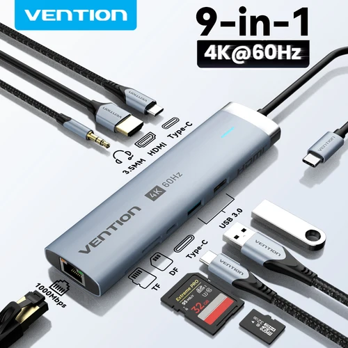 Imagen 1 del producto Vention USB C Hub HDMI 4K 60Hz 9 en 1 PD 100W RJ45 adaptador USB3.0 Hub 5Gbps estación de acoplamiento divisor para MacBook Air iPad portátil