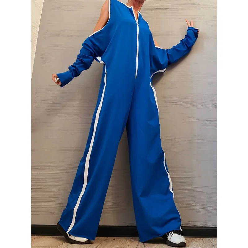 

Tinaa Blue Two Way Wear Jumpsuits Women 2026 Stylish Cold Shoulder Back Tied Waist Zipper Contrast Color Striped Jumpsuit 172486