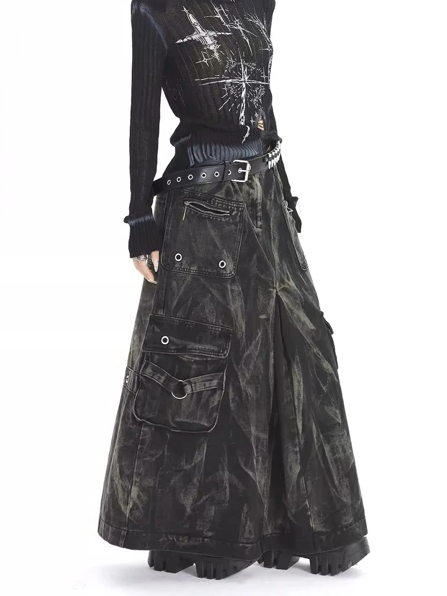 REDDACHiC Tie Dye Denim Cargo Skirt Women Punk Eyelets Pockets High Waist Pleated Midi Long Jeans Skirt Grayu Grunge Streetwear