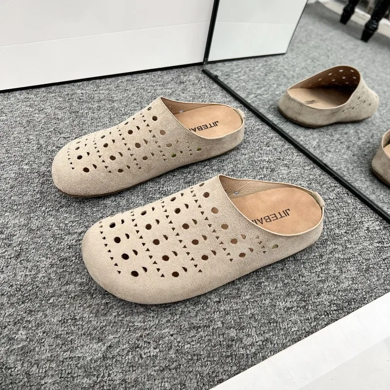 2025 New Arrival Concise Suede Round-Toe Comfortable Woman Slippers Hollow Slides Loafers Female Beach Shoes