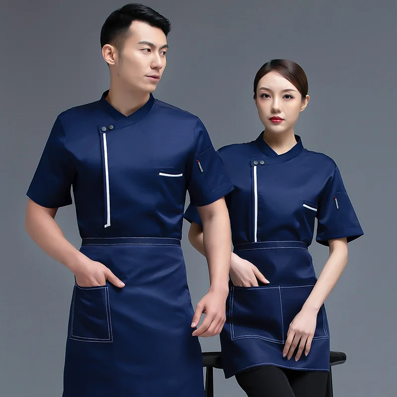 Chef Overalls Men's Short-Sleeved Summer Breathable Sweat Absorbing Thin Chef Uniform Short-Sleeved Kitchen Dining Fast Food Res