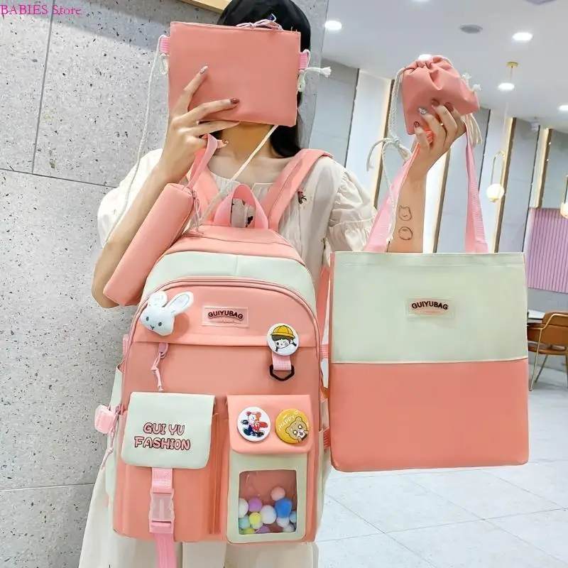 

C9GB 5pcs School Backpack with Shoulder Bag Handbag Pencil for Case Drawstring Bags Multi Pocket Bookbag Student Daypack