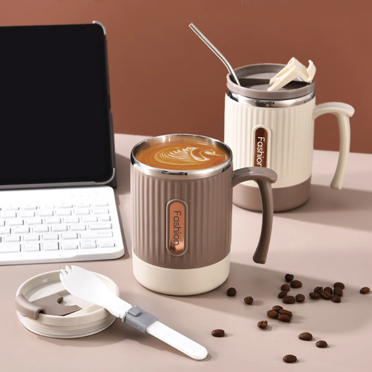 WORTHBUY Anti Scalding Coffee Cup Office Workers Tea Coffee Mug 304 Stainless Steel Water Cup Portable Drinking Cup With Straw