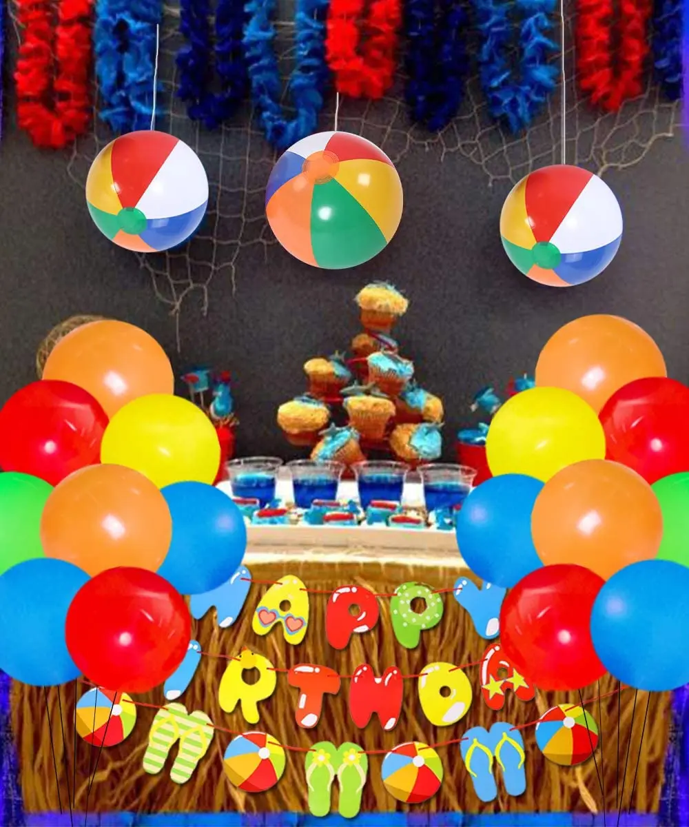 Imagem -05 - Beach Ball Theme Birthday Party Decoration Kit de Garland de Balão Colorido Banner de Feliz Aniversário para Piscina Material de Festa de Verão