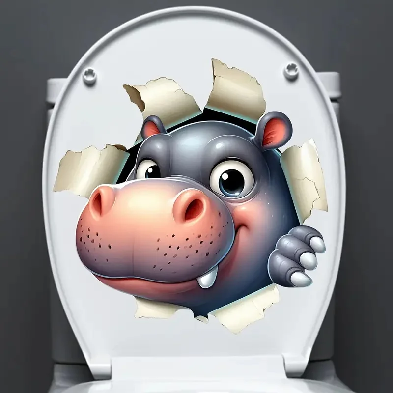 Whimsical Hippo Peeking Crack Decal - Playful 3D Animal Wall Sticker for Toilet Lid, Bathroom Decor