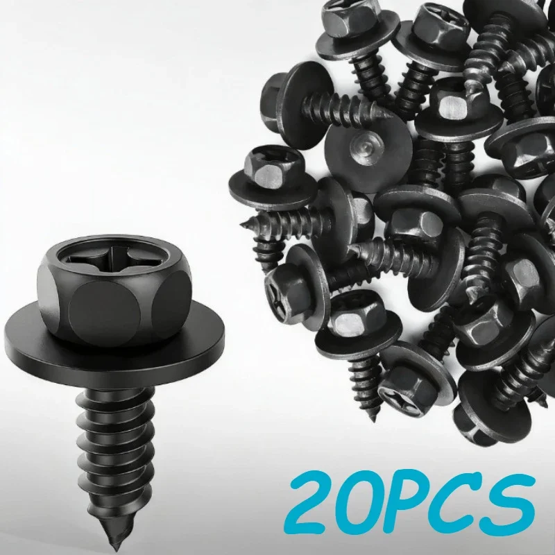 20Pcs M6 Black Cross Hex Self Tapping Screws with Gasket 6mm for Auto Motorcycle Bumper Fender