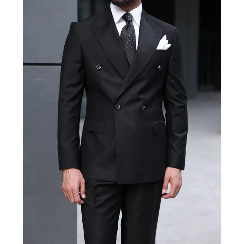 

Luxury Black Double Breasted Peak Lapel Skinny Terno Prom Party Male Clothing Chic Blazer 2 Piece Jacket Pants Set Groom 남성정장