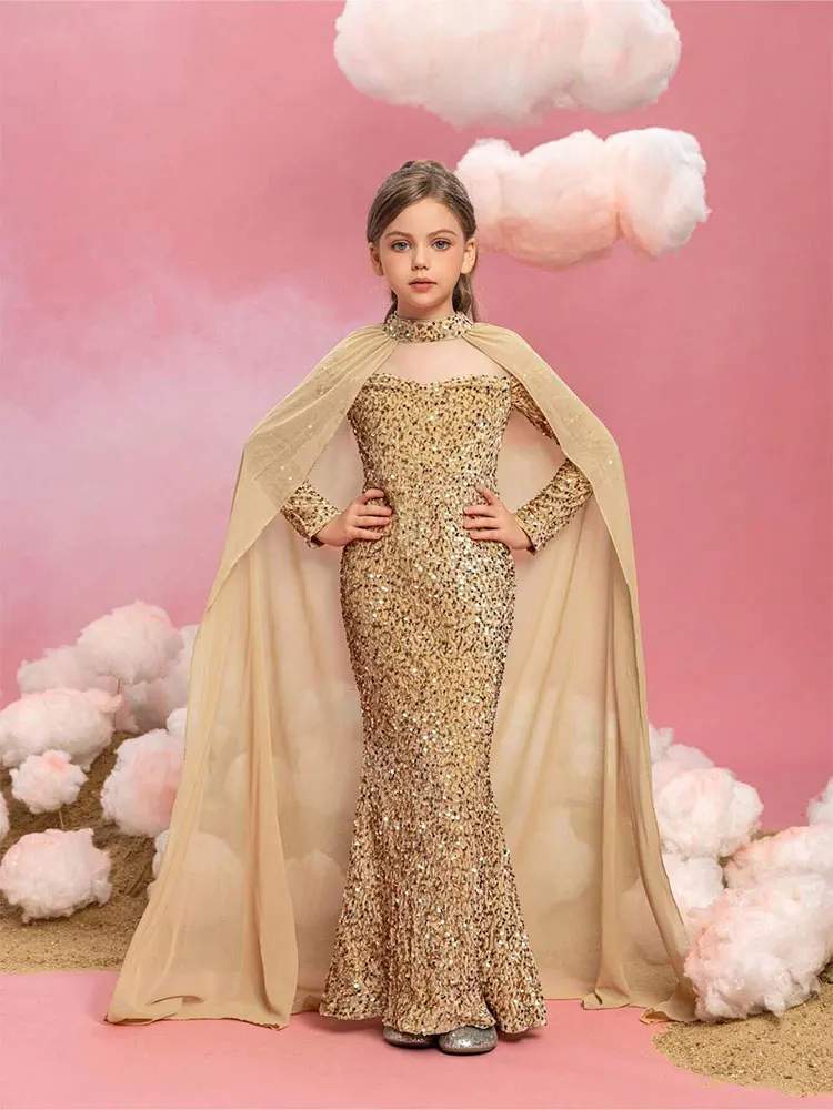 Round Neck Cape Apricot Sparkling Wedding Reception Girl Flower Girl Evening Dress Birthday Princess Girl Sparkling Dress