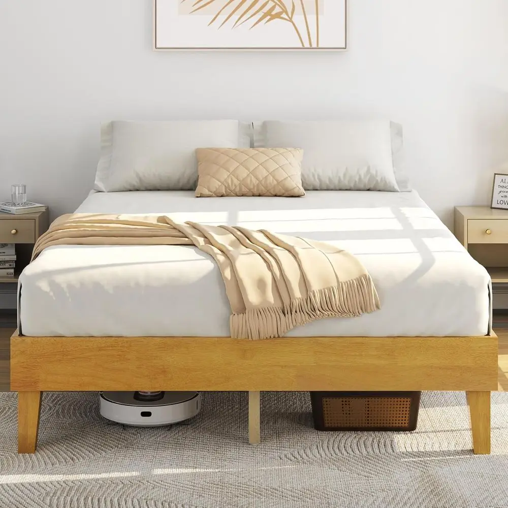Queen Size Solid Wood Platorm Bed e Low-Proile Natural Wood | Sturdy rubberwood e with 12 plywood slats oers solid support, asse