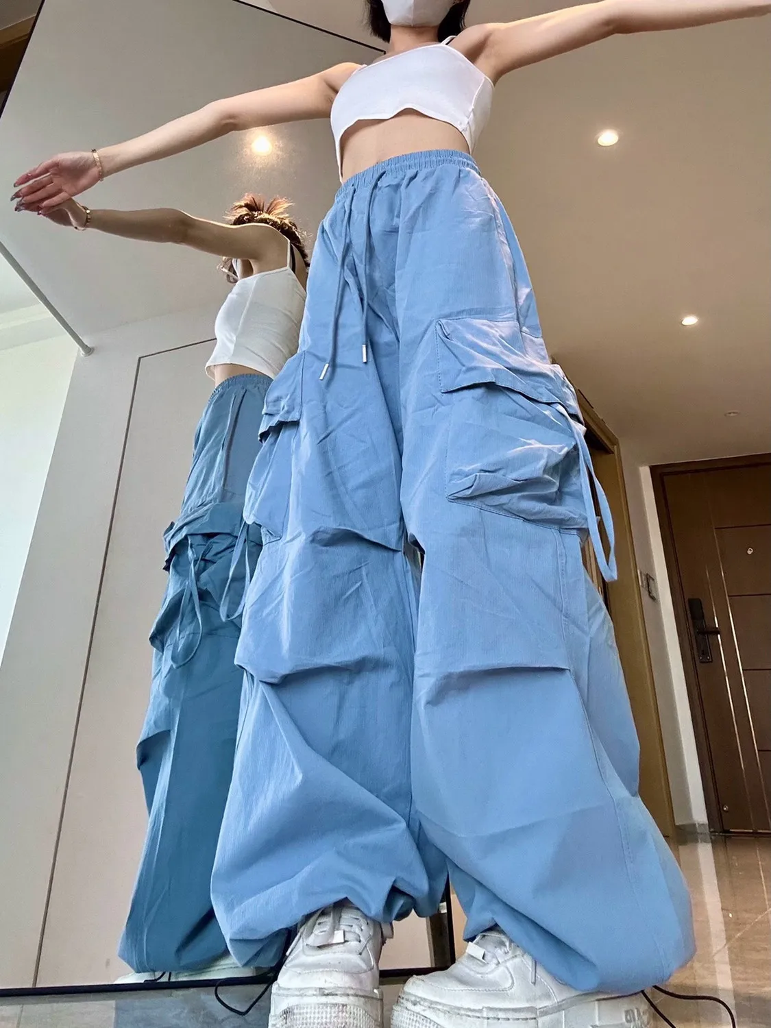 

Design parachute pants women's overalls summer thin American casual hiphop loose wide-leg blue pants Women's Clothing Y2K Pants