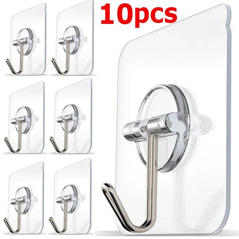 10/1pcs Transparent Stainless Steel Strong Self Adhesive Hooks Key Storage Hanger for Kitchen Bathroom Door Wall Multi-function