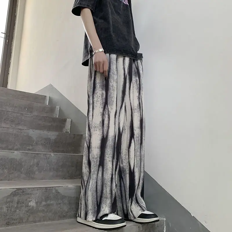 Men's Tie Dye Ice Silk Pants Summer Loose Straight Wide Leg Trousers Thin Quick Dry Breathable UV Protection Casual Streetwear
