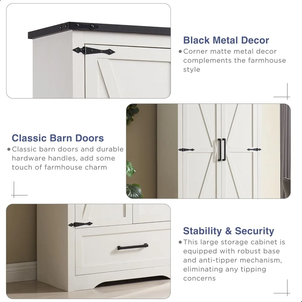 JXQTLINGMU خزانة مطبخ المزرعة - 72 خزانة تخزين المطبخ الخشبية الطويلة مع أرفف قابلة للتعديل وبابين على طراز الحظيرة #4