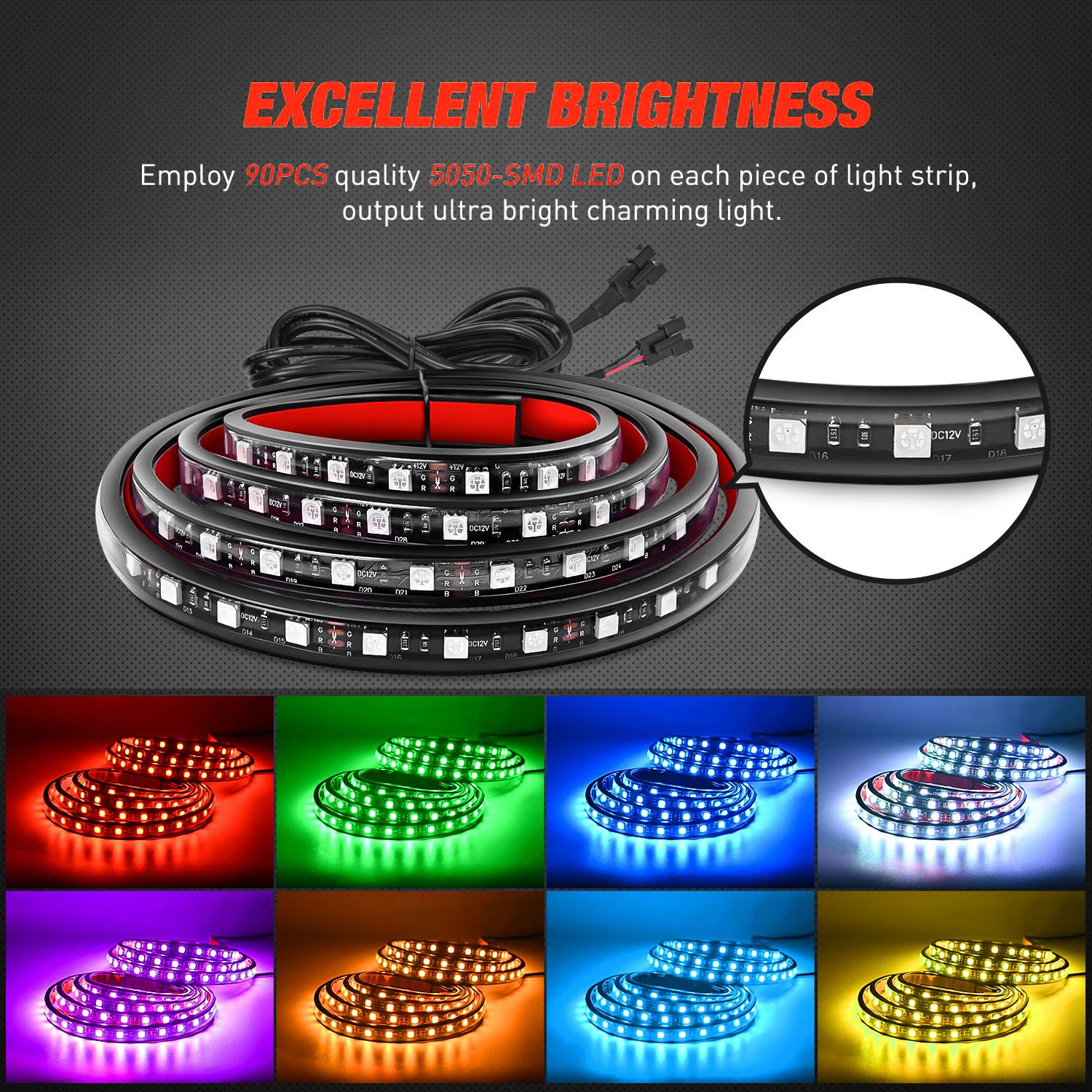 60Inch RGB Truck Bed Light Strip Kit 180 LED RF Remote Control LED Light Strip For Cargo Pickup Truck SUV RV Boat