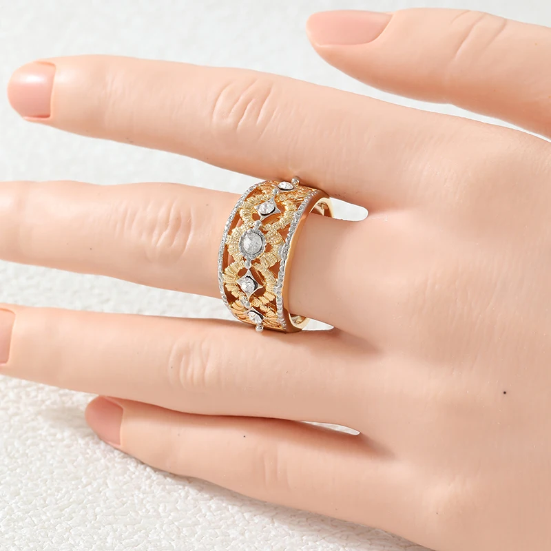 Simple Inlaid White CZ Women's Ring Trendy Two Color Hand Carving Daily Wear Party Jewelry Anniversary Gift