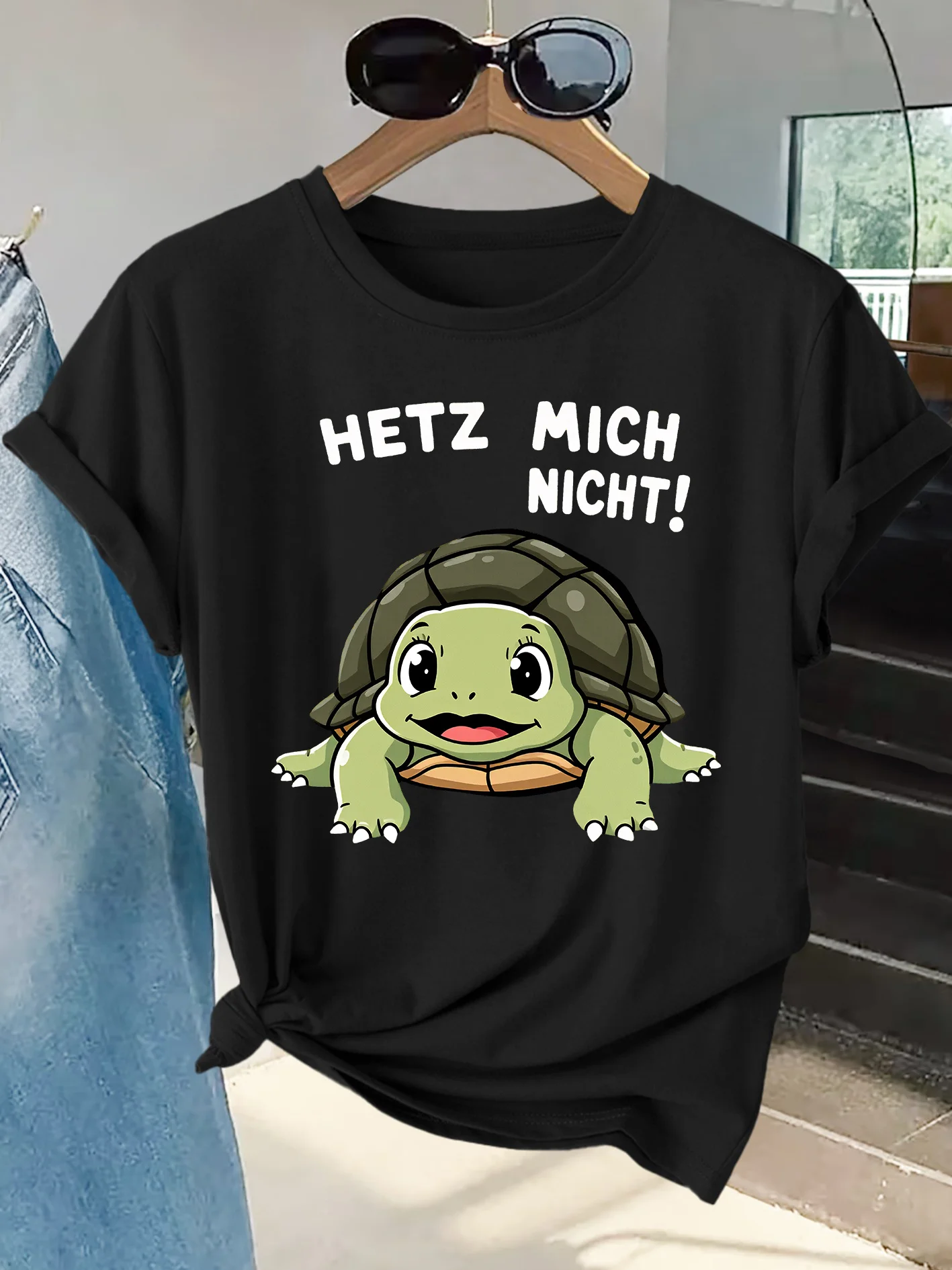 Ladies' Short T-shirt Cute Turtle Slow Life Fun German Print Skin Friendly Breathable Round Neck Top Commuting Multiple Scenes