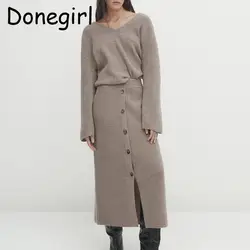 Donegirl Women Autumn Winter New 2024 Fashion Solid V-neck Knitted Sweater Pullover Straight Midi Skirt Suit Elegant Set Chic