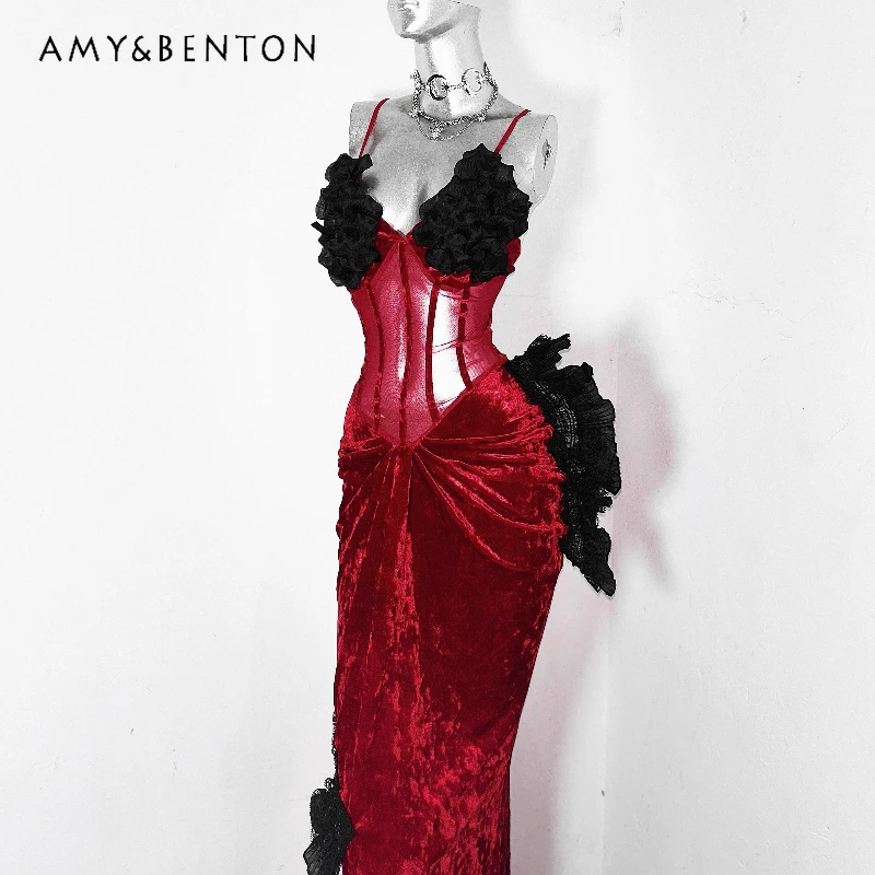 

Gothic Dark Red Black Velvet Splicing Sexy Fishnet Dress Autumn New Design Lace Hollow Out Strap Bodycon Gown Long Dress Ladies